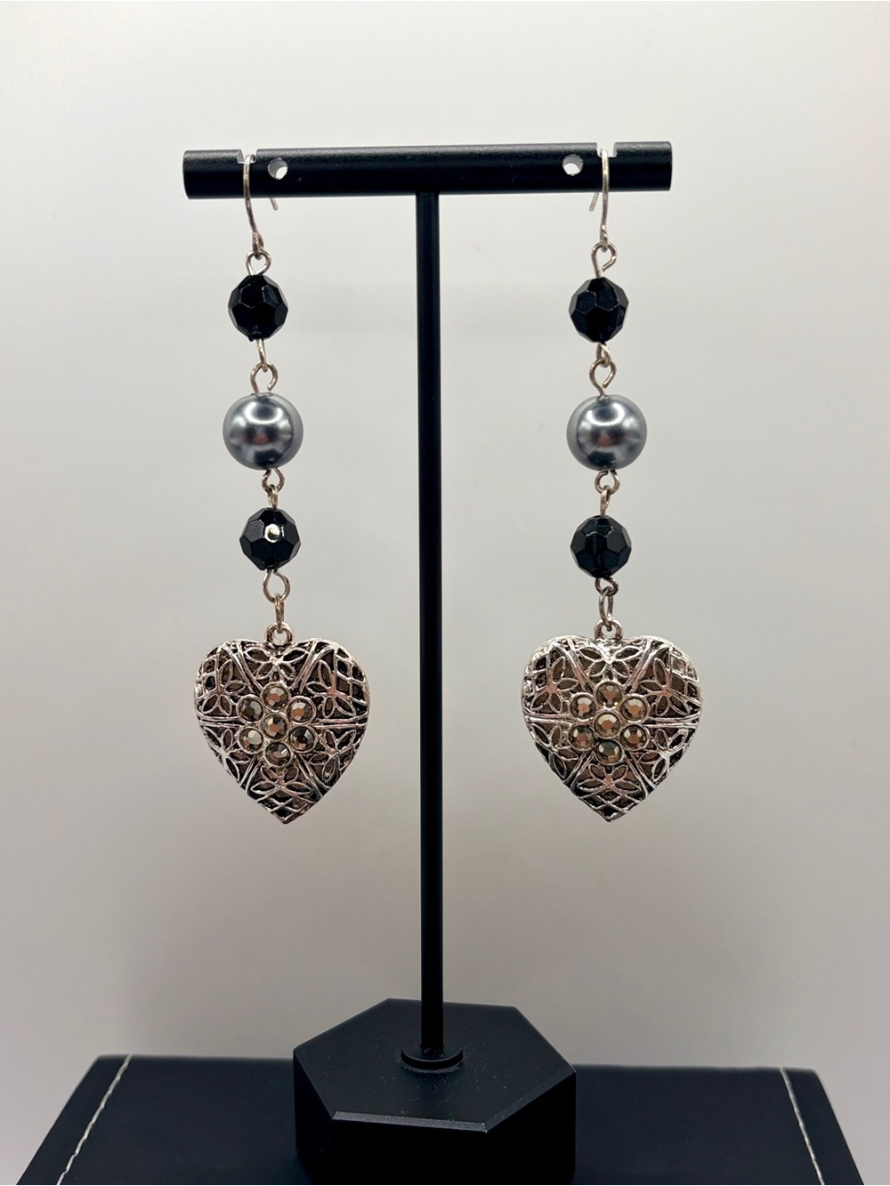 Silver Filigree Heart Drop Earrings with Black/Gray Beads